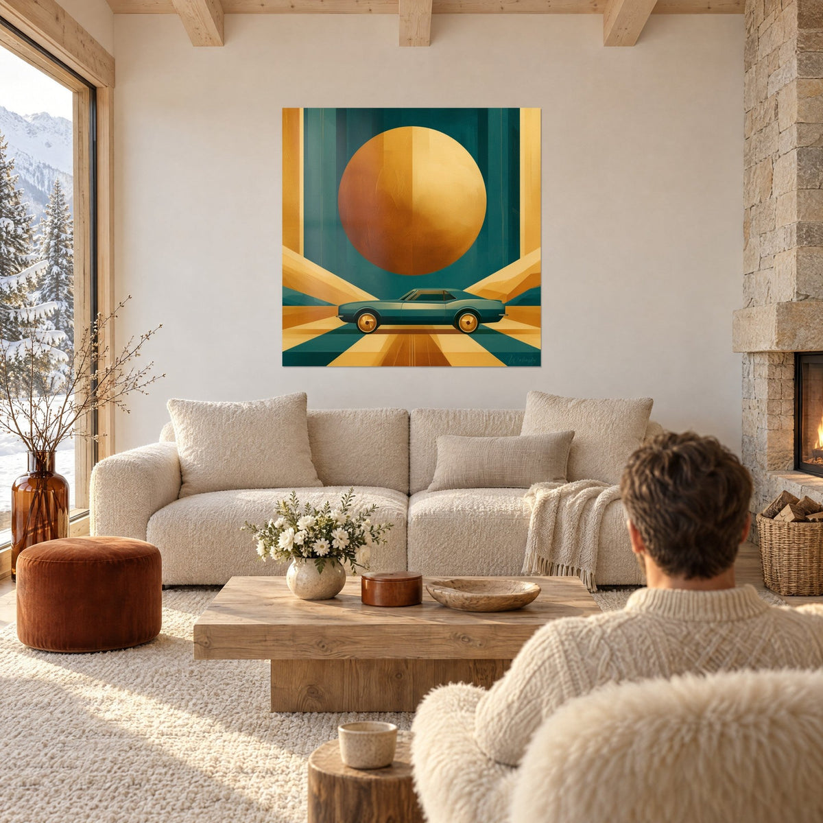 Quadro con un taglio ocra dorato che attraversa la scena: auto d'epoca verde acqua sotto un grande sole ramato, sopra un divano in un soggiorno luminoso