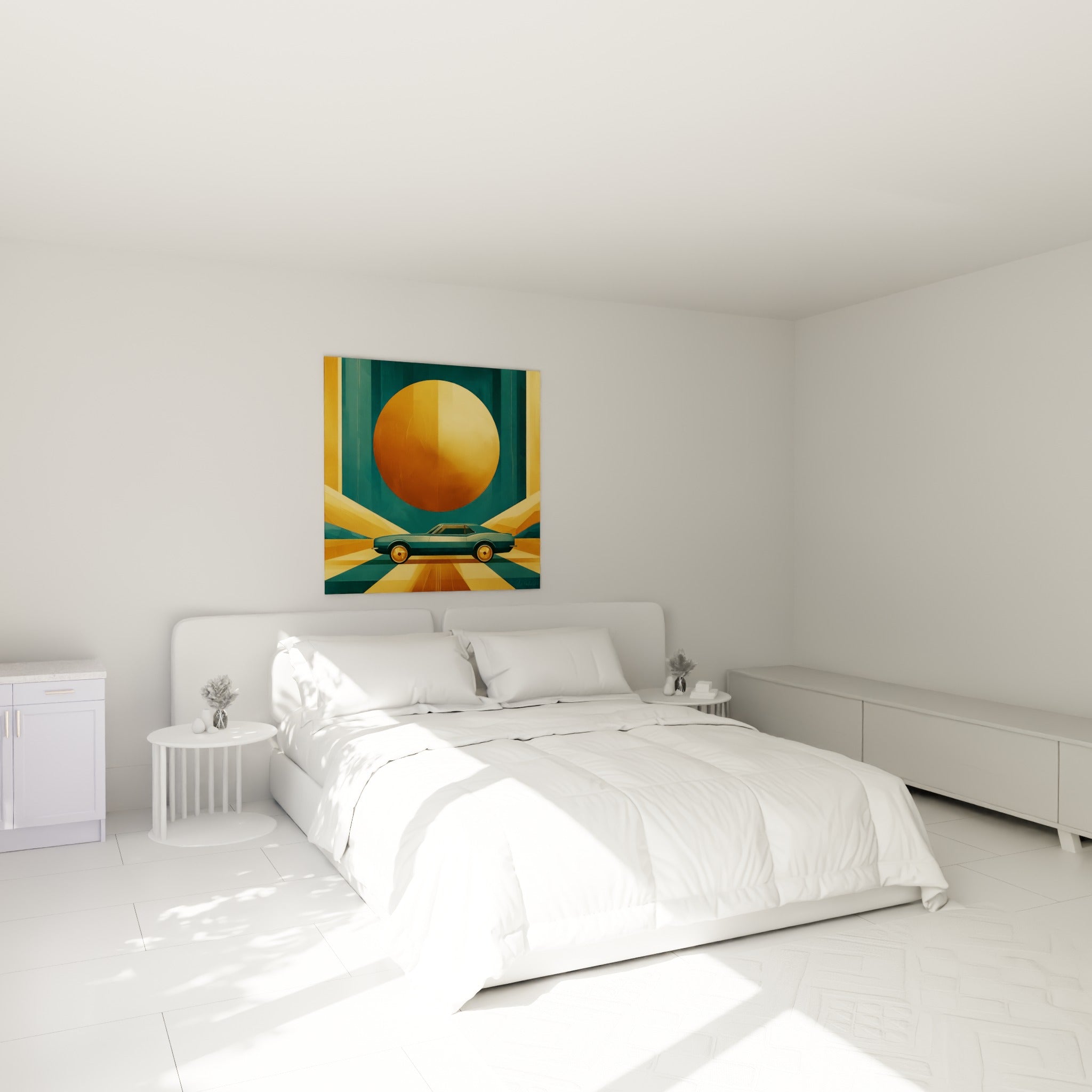 Berline sarcelle et cercle doré composant ce tableau Rétro, accroché au-dessus d'un lit dans une chambre claire