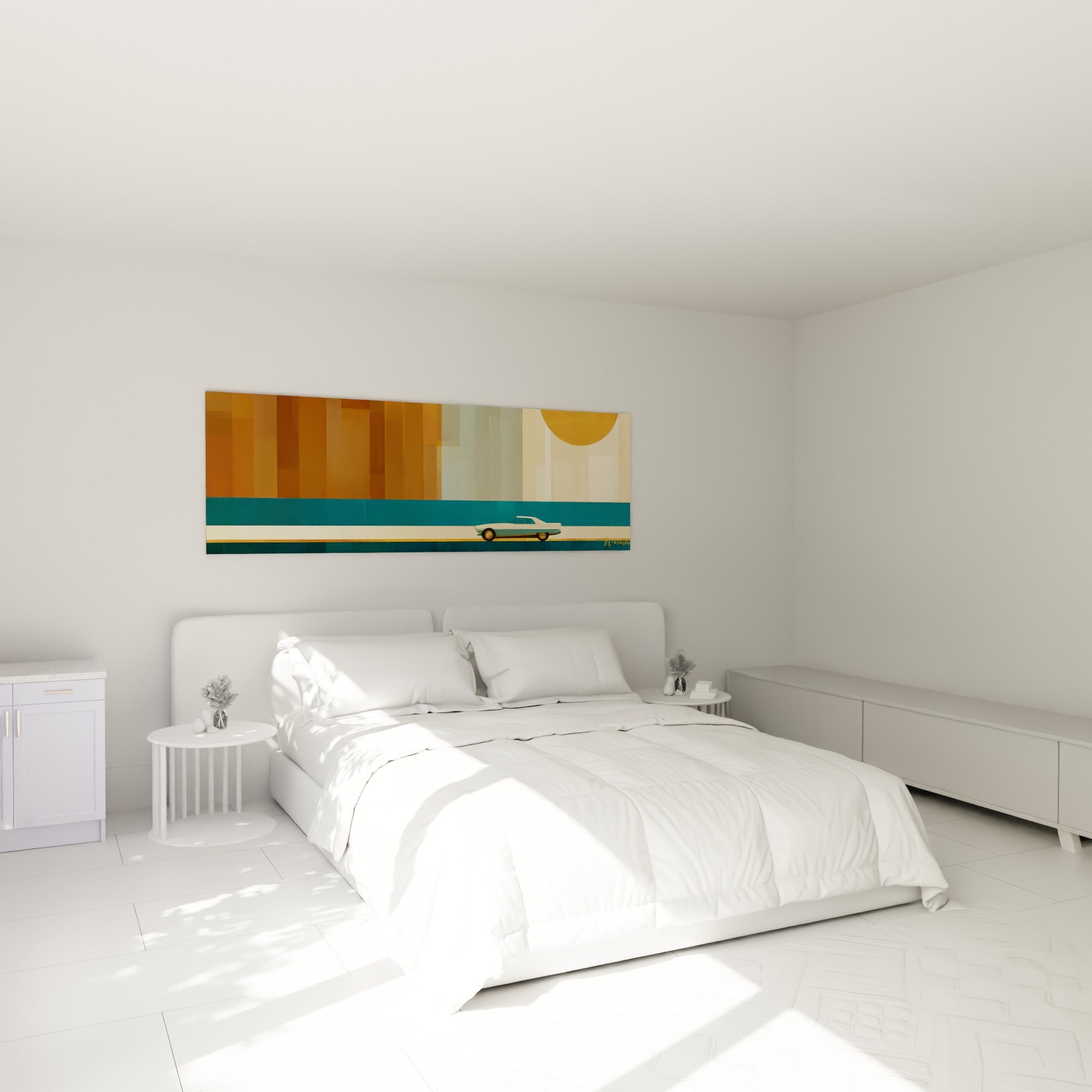 Berline turquoise et soleil doré du tableau rétro accrochés au-dessus d'un lit dans une chambre claire