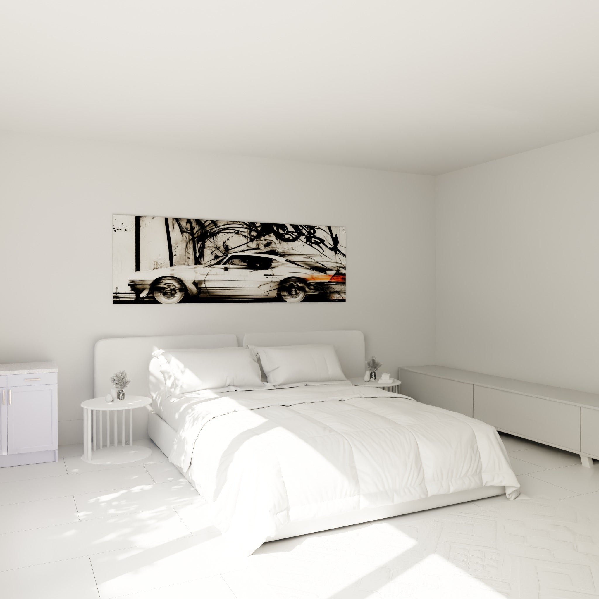 Bolide blanc et anthracite en pleine vitesse accroché au-dessus d'un lit dans une chambre claire