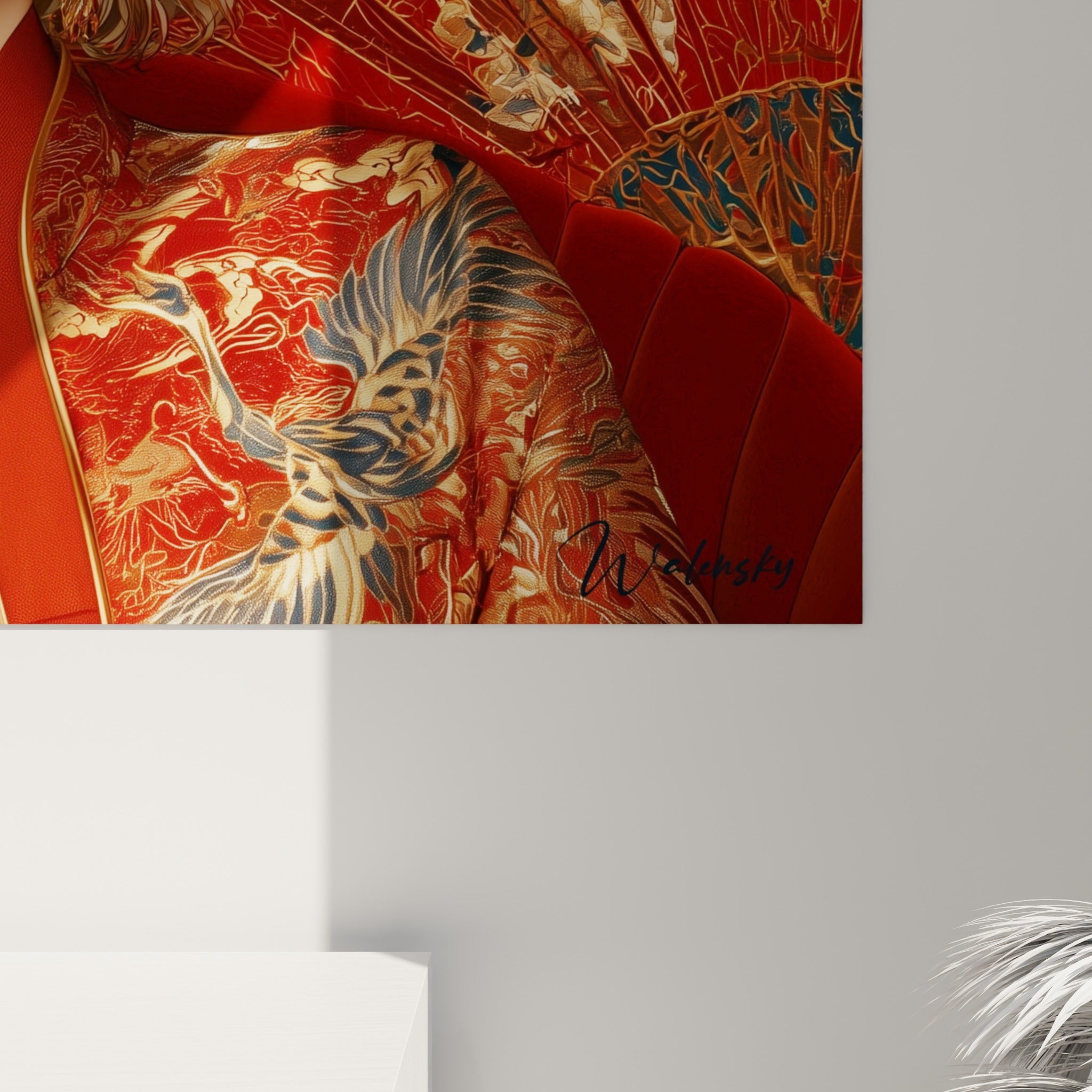 Grain de l'impression révélant les dorures et le rouge cuivré des broderies florales du kimono