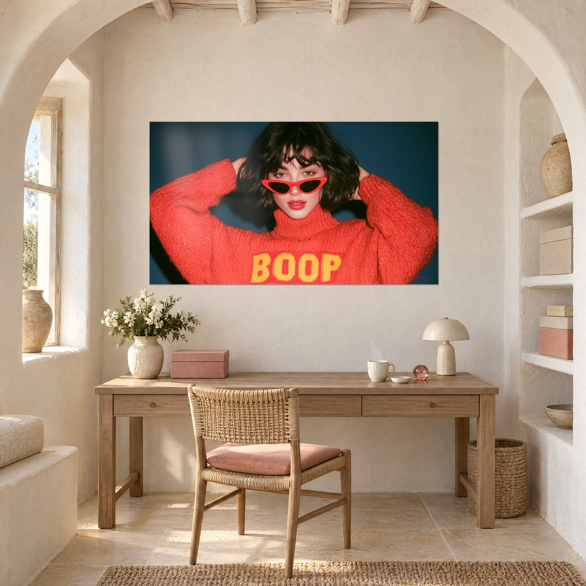 Wall art of a pop muse with red lips, coral sweater with yellow letters, midnight blue background, light wood desk, pink rattan armchair