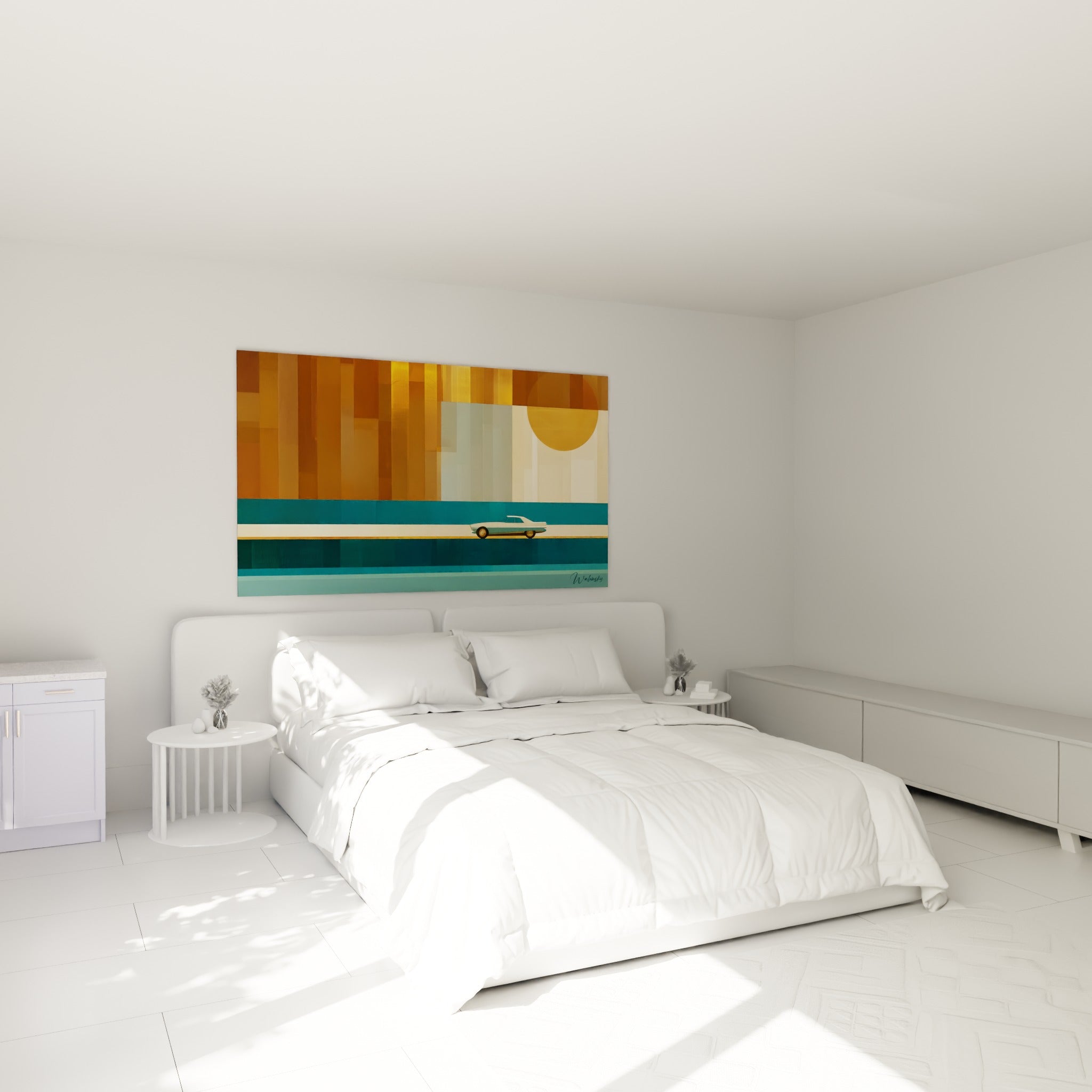 Automobile rétro crème et bleu roulant sur bande bleu pétrole, sous ciel ocre, au-dessus d'un lit dans une chambre claire