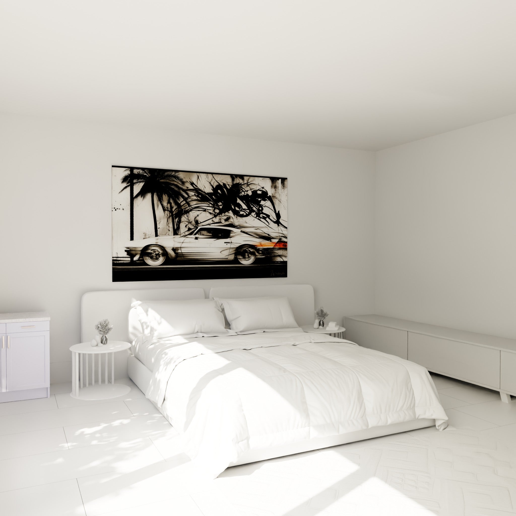 Carrosserie blanche et palmiers noirs stylisés au-dessus d'un lit dans une chambre claire