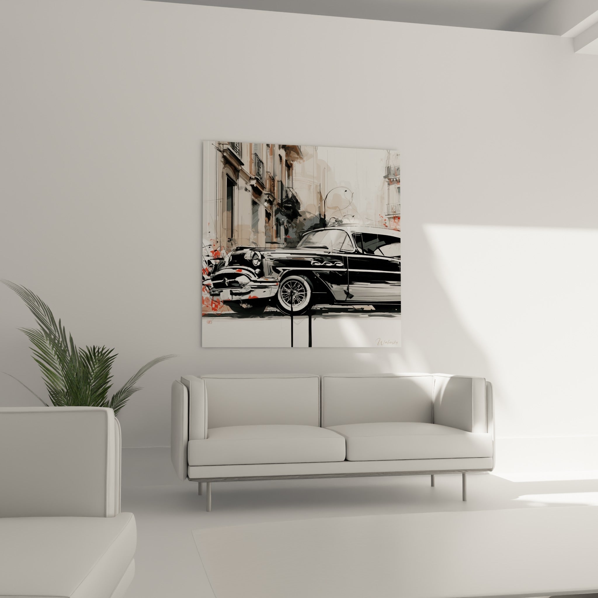 Carrosserie noire brillante et touches terracotta d'une voiture ancienne au-dessus d'un canapé dans un salon lumineux