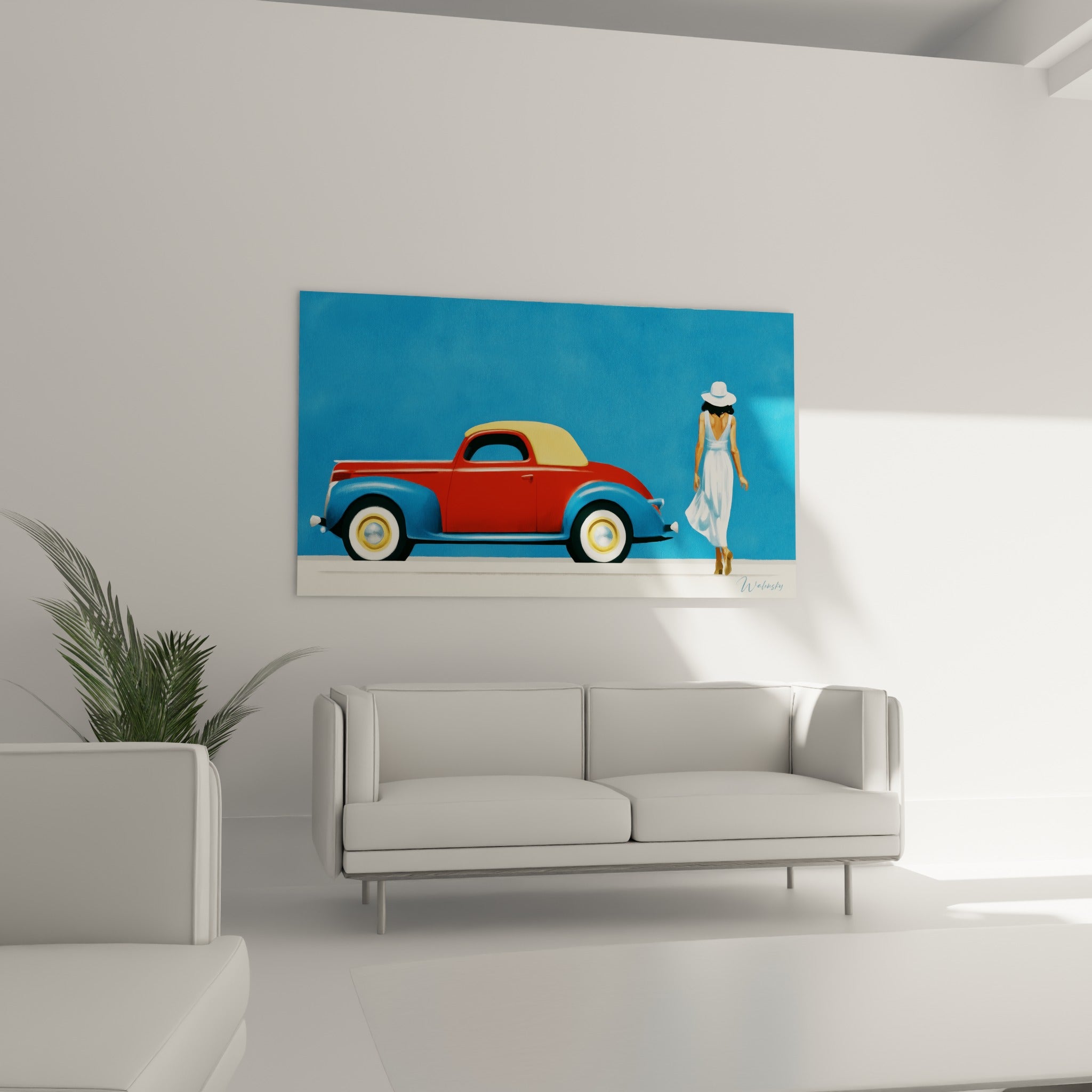 Carrosserie rouge et enjoliveurs dorés, silhouette blanche s'éloignant, tableau Rétro au-dessus d'un canapé dans un salon lumineux