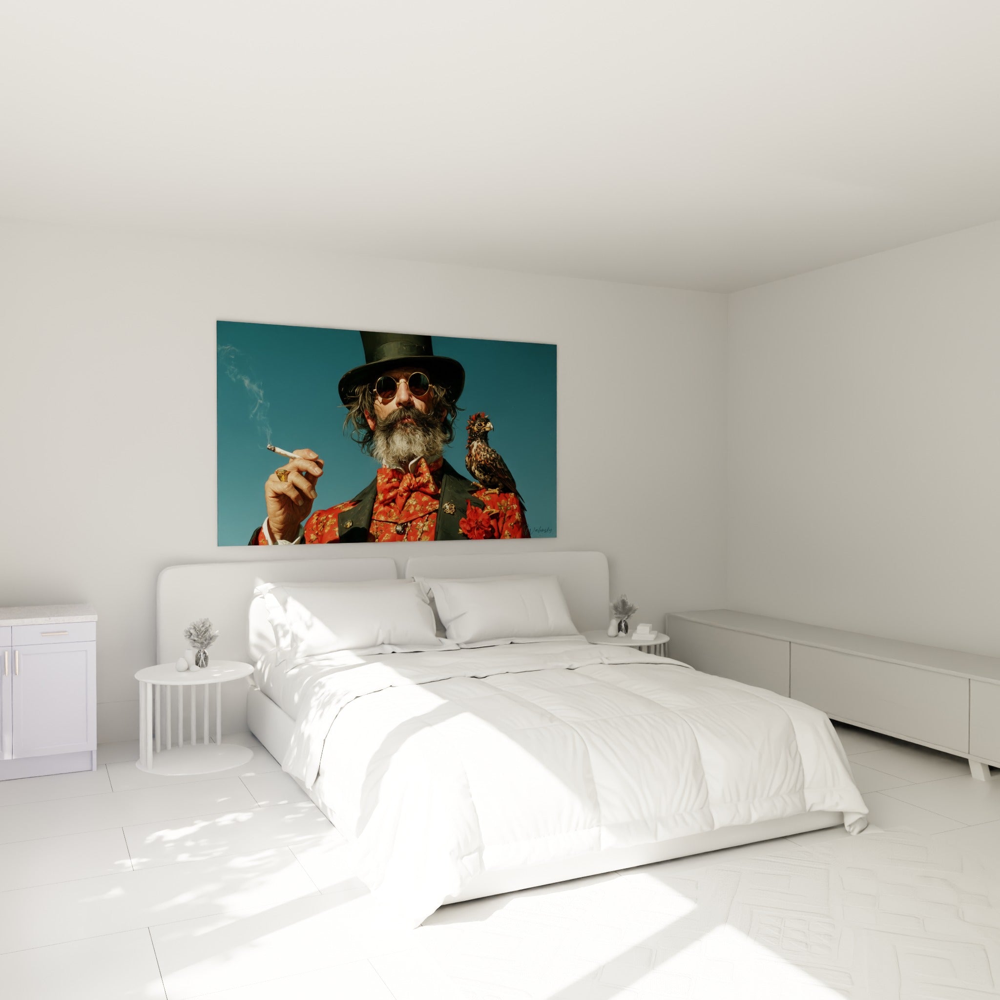 Personnage rétro en veste rouge et dorée fumant, accroché au-dessus d'un lit dans une chambre claire