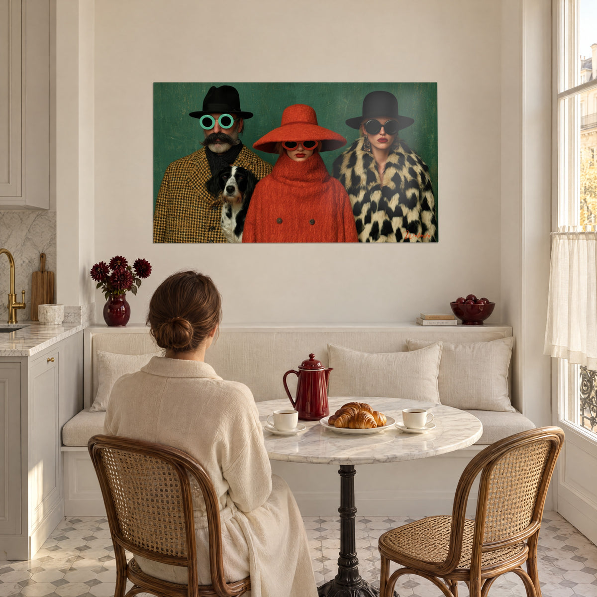 Tableau famille rétro et chien noir et blanc, grand chapeau rouge-orangé et fond vert profond, face à une femme attablée au petit-déjeuner