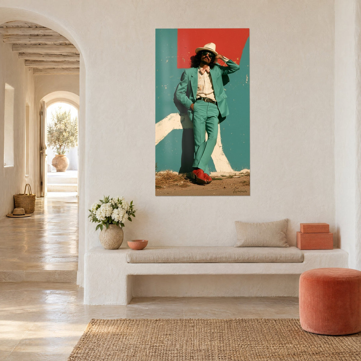 Wall art of an elegant man in a sea-green jacket, floral bow tie and red loafers, white hat, on the wall of a vaulted room