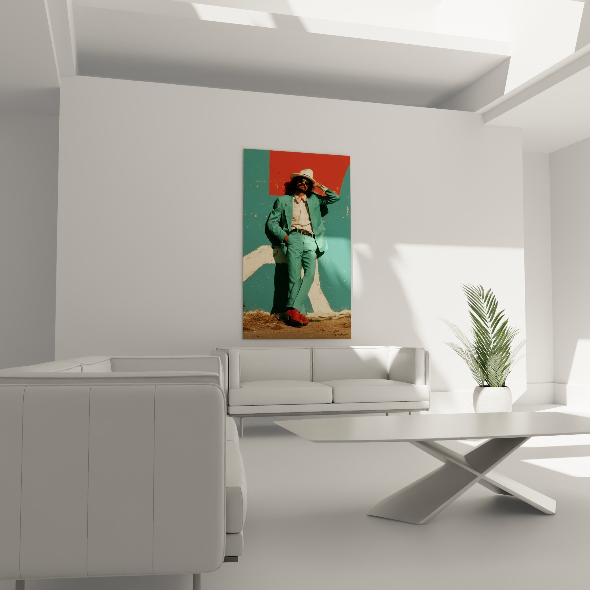 Silhouette élégante en turquoise et rouge corail au-dessus d'un canapé dans un salon lumineux