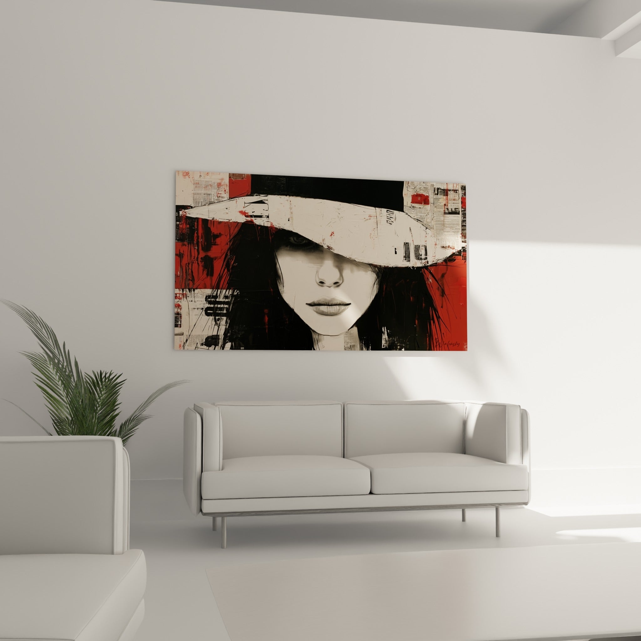 Visage énigmatique sous un large chapeau ivoire, tons rouge et noir, au-dessus d'un canapé dans un salon lumineux