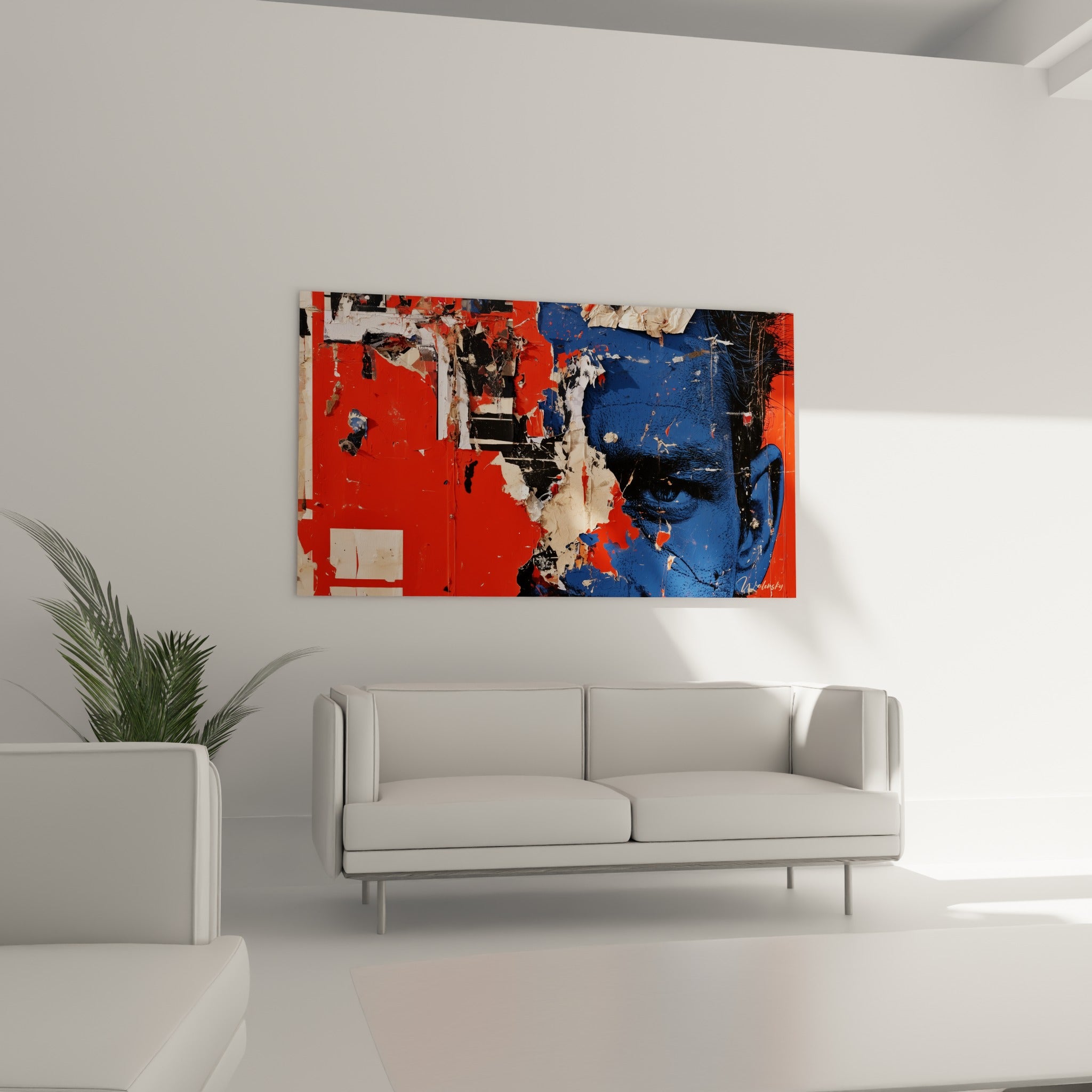 Fragments d'affiches rouges et bleu marine composant un visage, au-dessus d'un canapé dans un salon lumineux