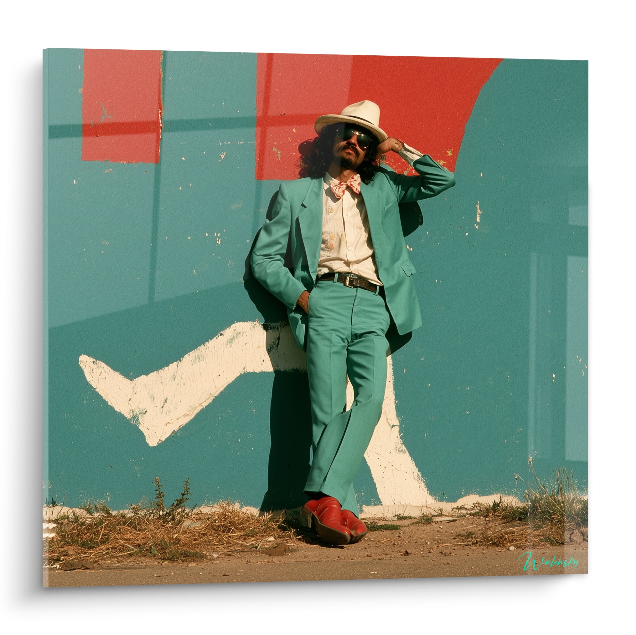 Homme en costume vert menthe et bottes rouges posant devant un mur rouge terracotta patiné