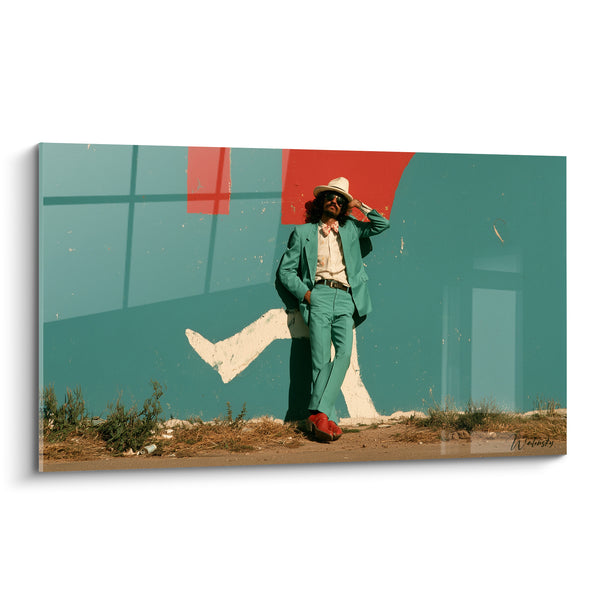 Tableau Homme costume vert menthe mur turquoise - Allure nonchalante - Edition Rétro