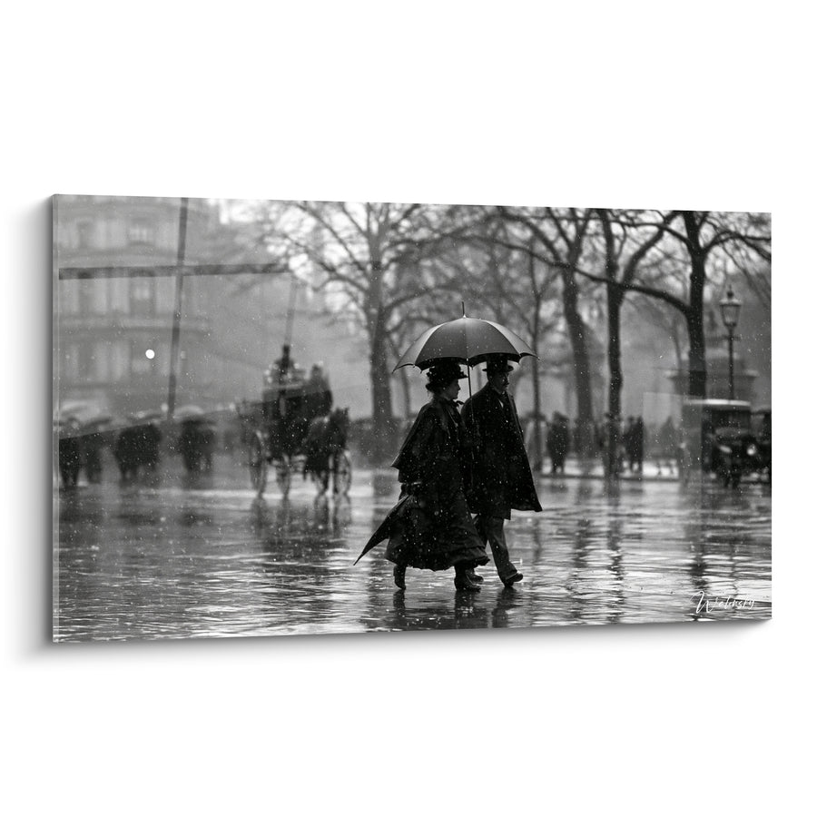 Tableau Parapluie noir et blanc calèche floue - Réverbère et pavés mouillés - Edition Vintage