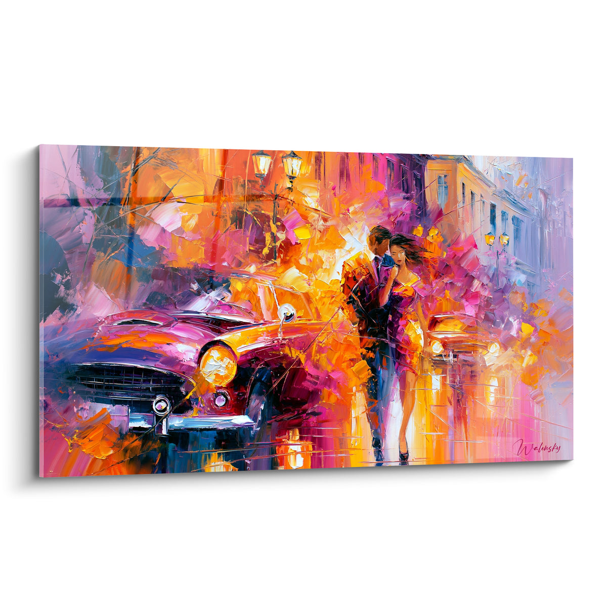 Couple enlacé près d'une voiture ancienne violette, peinture au couteau orange et rose vif