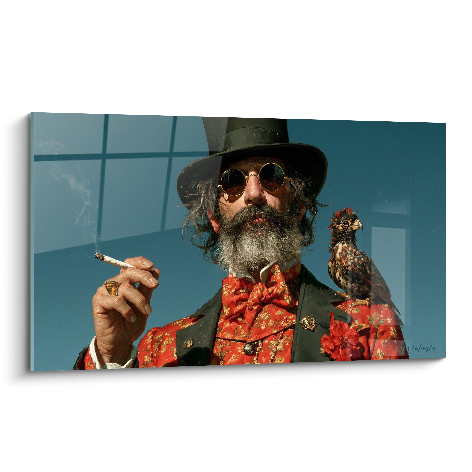 Dandy barbu au chapeau haut de forme anthracite et veste rouge fauve, faucon sur l'épaule