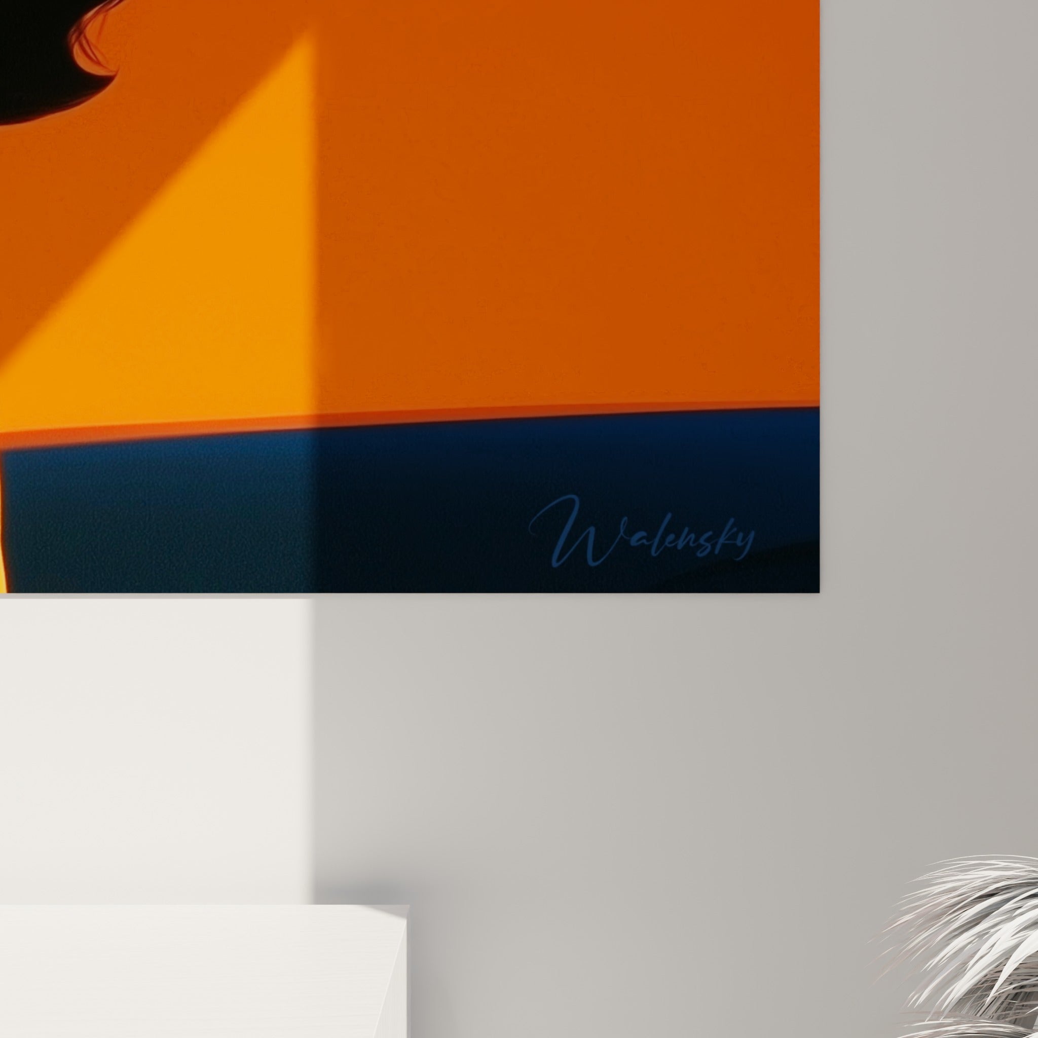 Détail des aplats orange et noirs de la chevelure et du blazer, grain d'impression visible de près