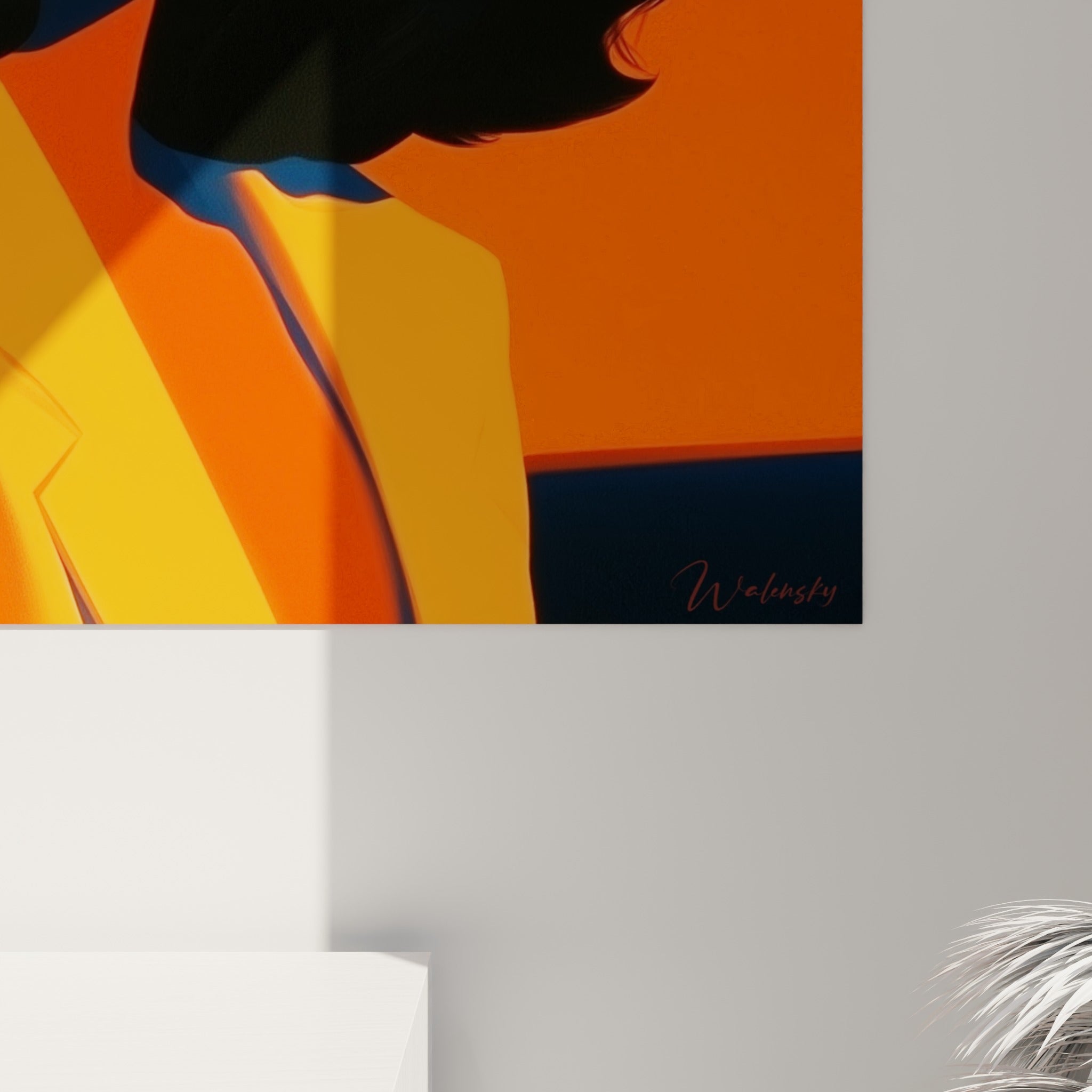 Détail du grain pictural orange et noir sur la chevelure et les lunettes de cette œuvre rétro accrochée