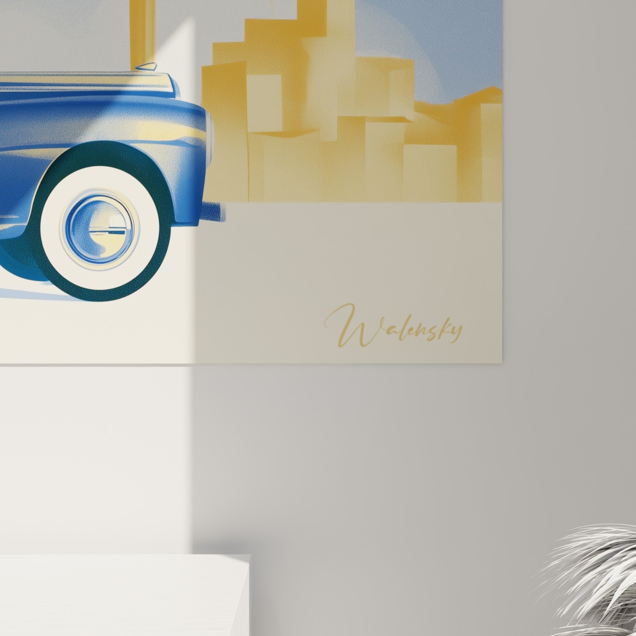 Détail des empâtements bleu marine et jaune ocre sur la toile illustrant la scène de voyage rétro