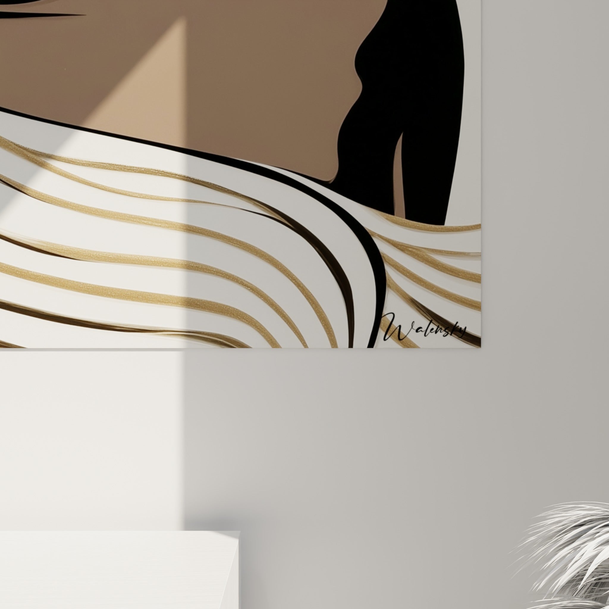 Détail des rubans dorés et blancs entrelacés, grain brillant et contours noirs nets du tableau rétro
