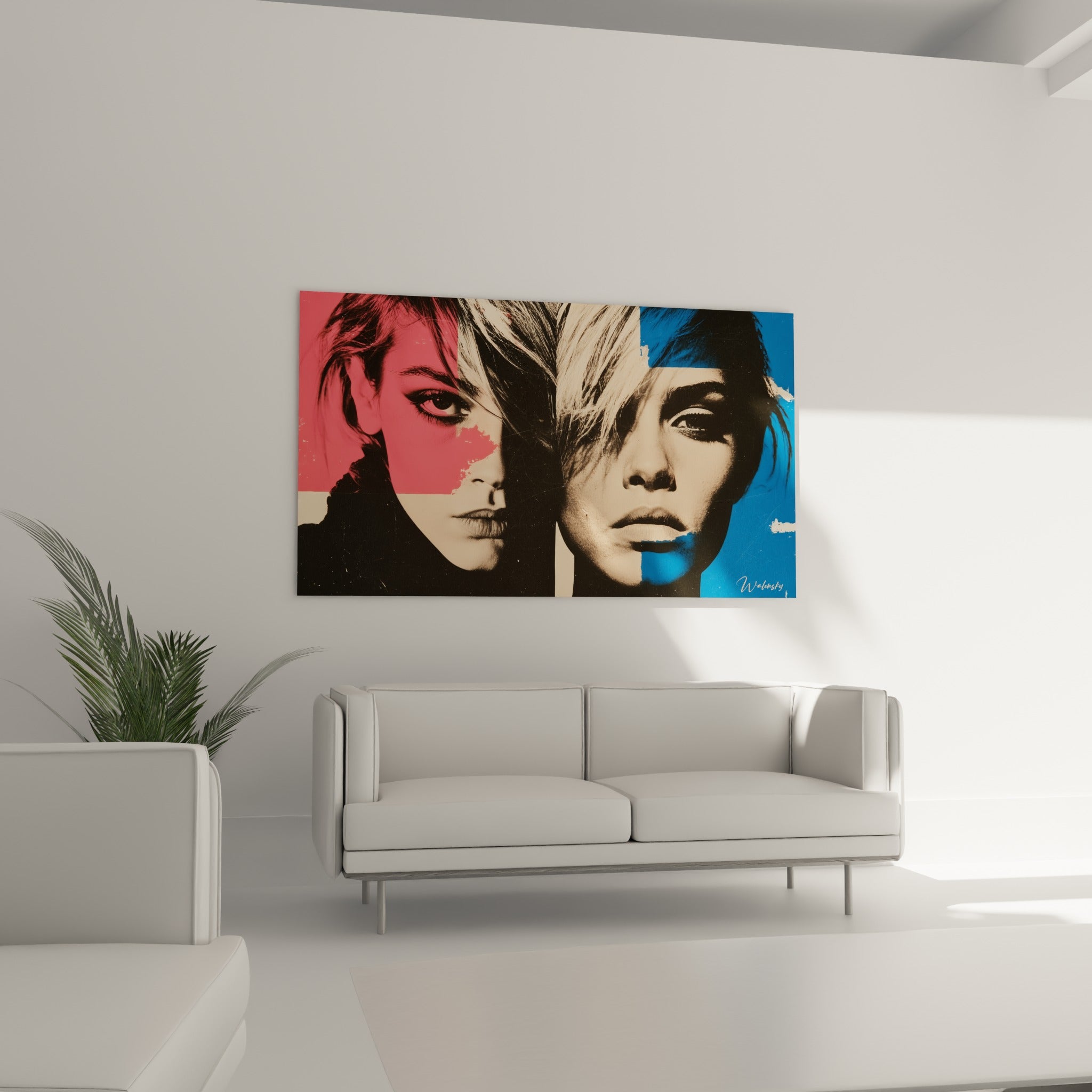 Portraits symétriques aux teintes rose et bleu marine, disposés au-dessus d'un canapé dans un salon lumineux