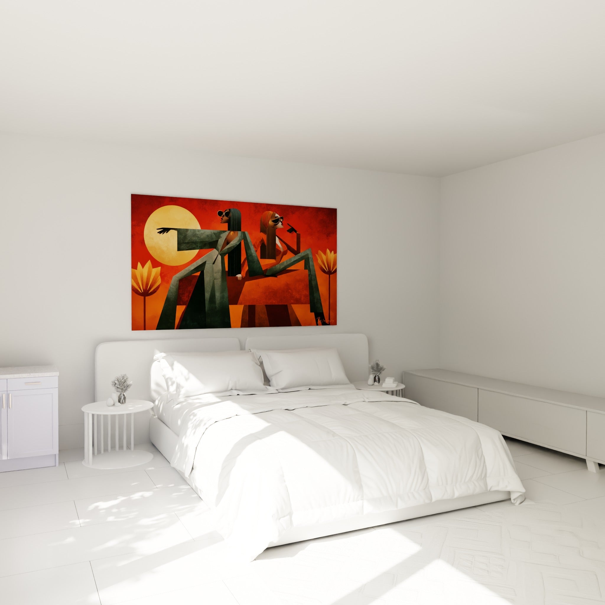 Duo stylisé aux lunettes fumées, tons orangés et vert anthracite, au-dessus d'un lit dans une chambre claire