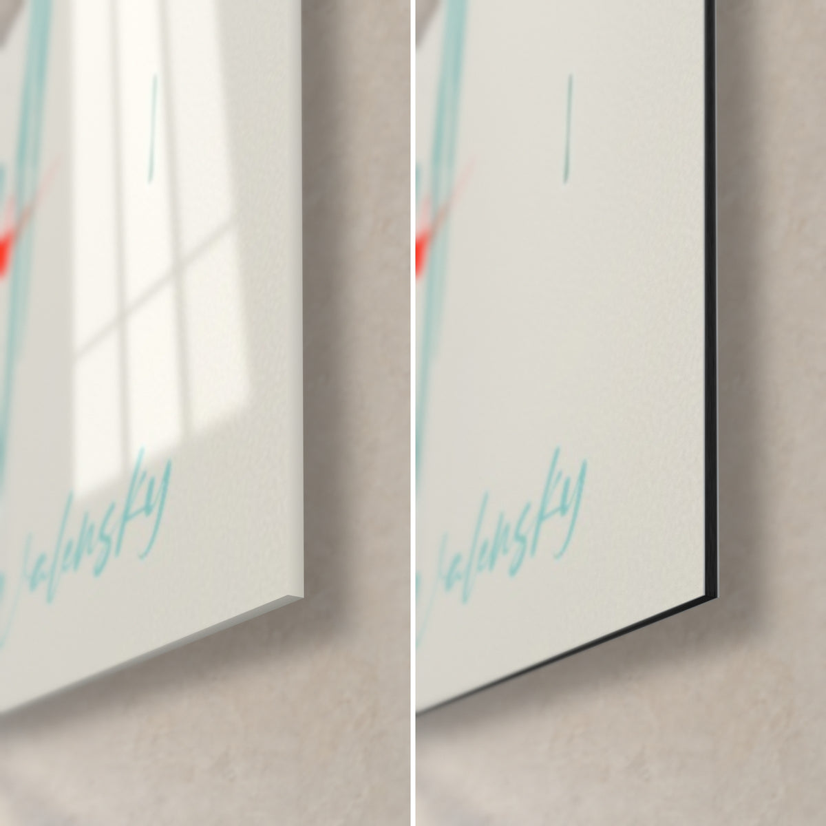 Cuadro mujer con gafas turquesa, esquina inferior derecha: cristal acrílico brillante que refleja la ventana, Dibond de aluminio blanco mate, borde negro