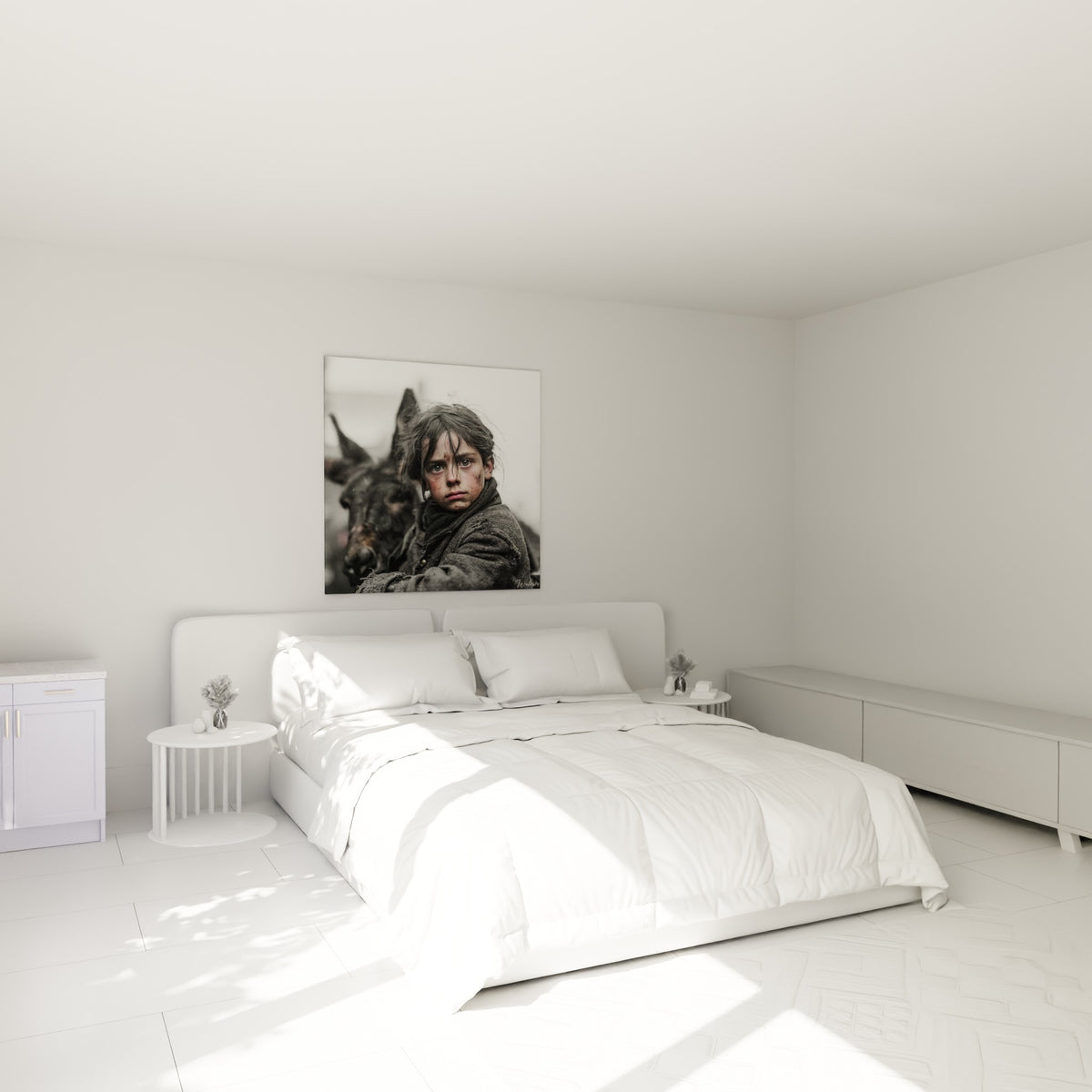 Portrait d'enfant rétro en tons anthracite et brun rouille au-dessus d'un lit dans une chambre claire