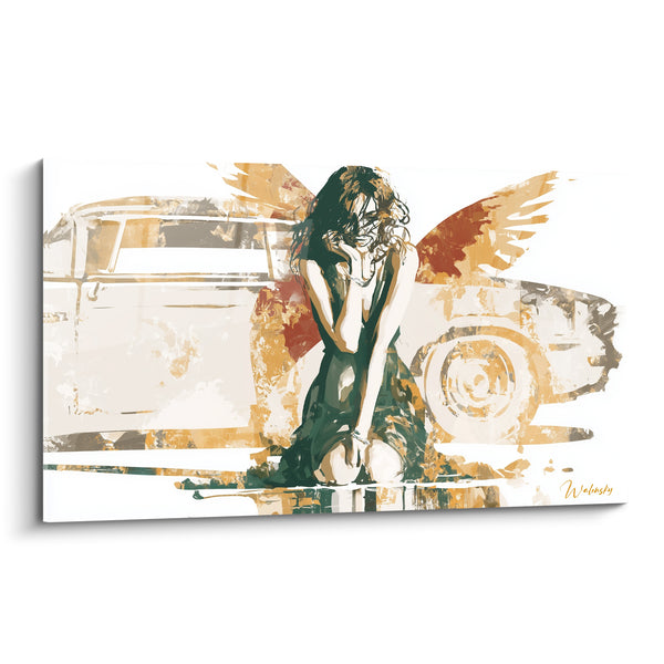 Tableau Femme ailée ocre et verte devant automobile ancienne - Fatigue silencieuse - Edition Rétro