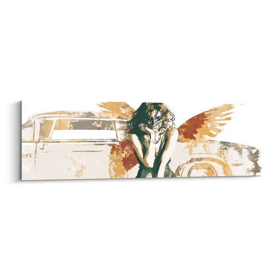 Tableau Femme ailée aux teintes ocre et anthracite - Fragilité silencieuse - Edition Rétro