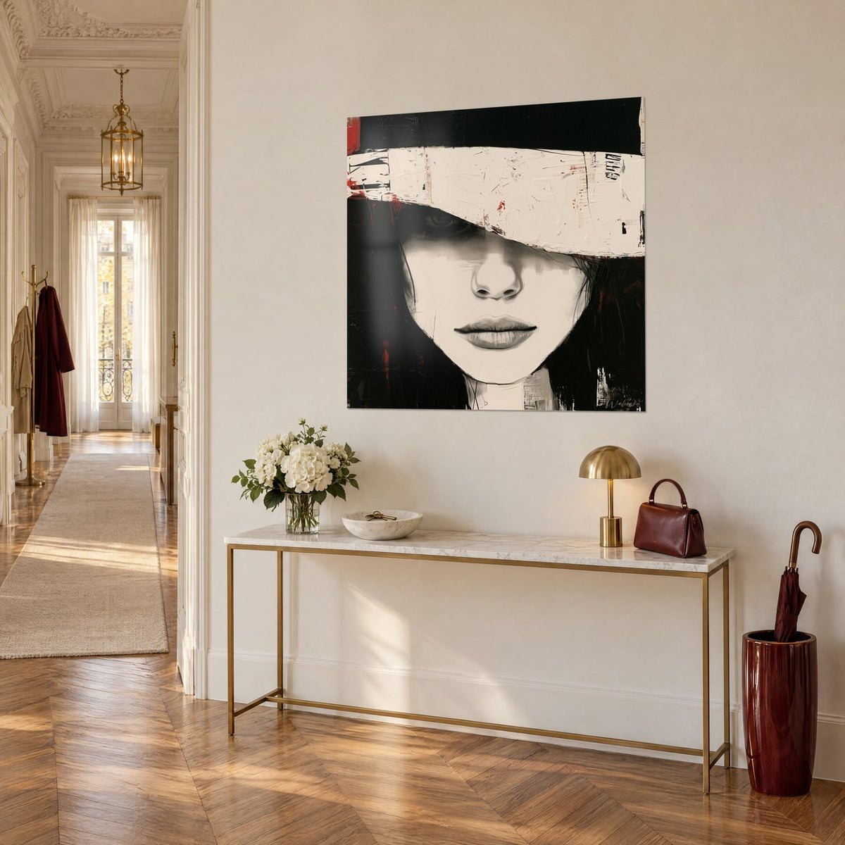 Wall art young woman with her gaze hidden under a flaking cream brim, red stains and black background, above a gilded console