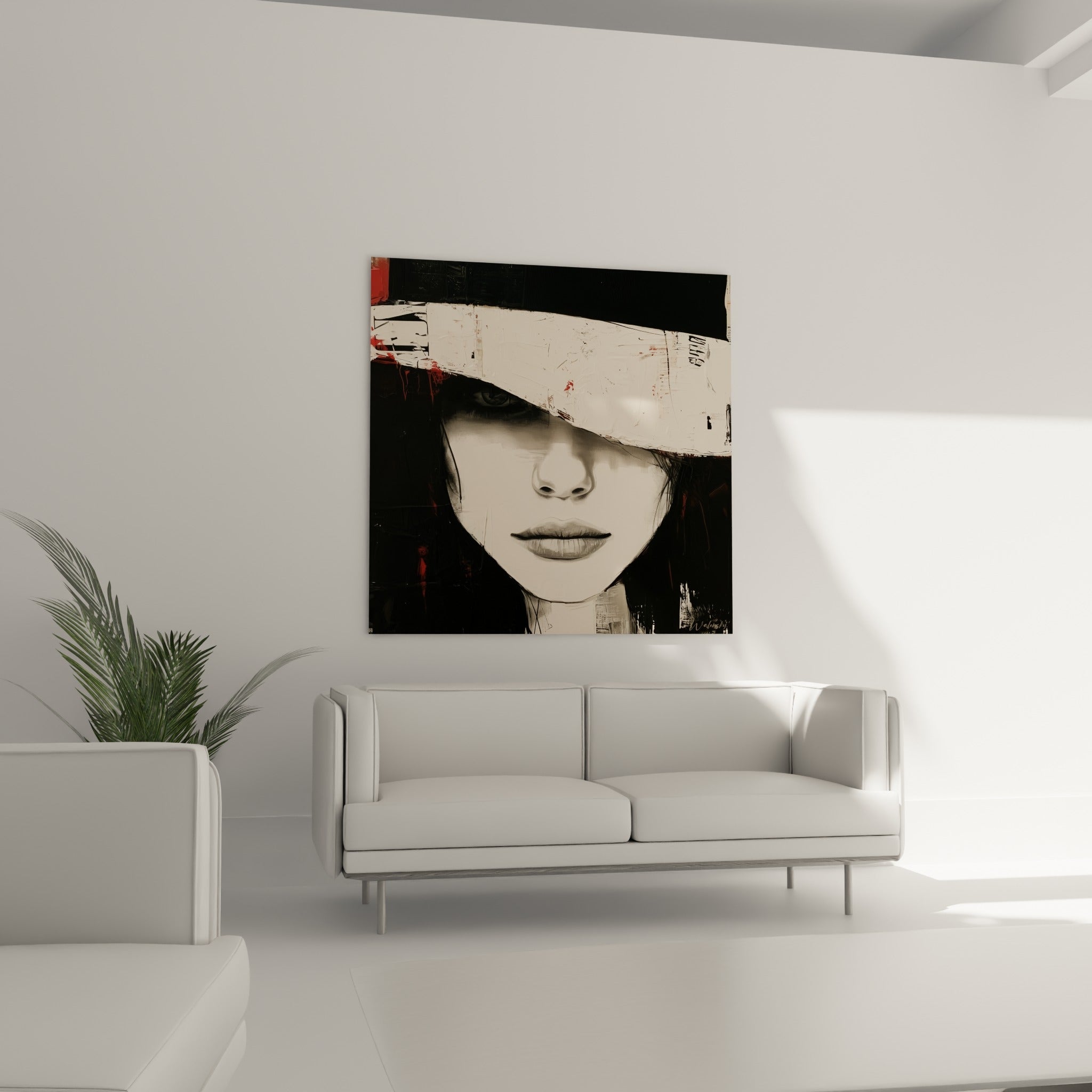 Femme au regard voilé, contrastes noir et blanc crayeux, au-dessus d'un canapé dans un salon lumineux