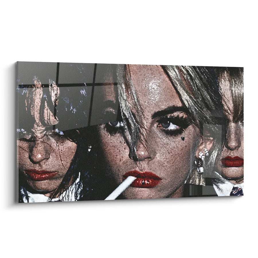 Tableau Femme blonde aux lèvres rouges triptyque - Icône rebelle - Edition Vintage