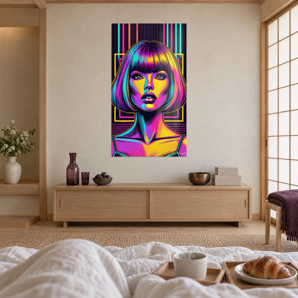 Quadro icona glamour dalle ciglia folte e lo sguardo viola, ciocche turchesi e gialle su sfondo scuro, sopra un letto in una camera luminosa