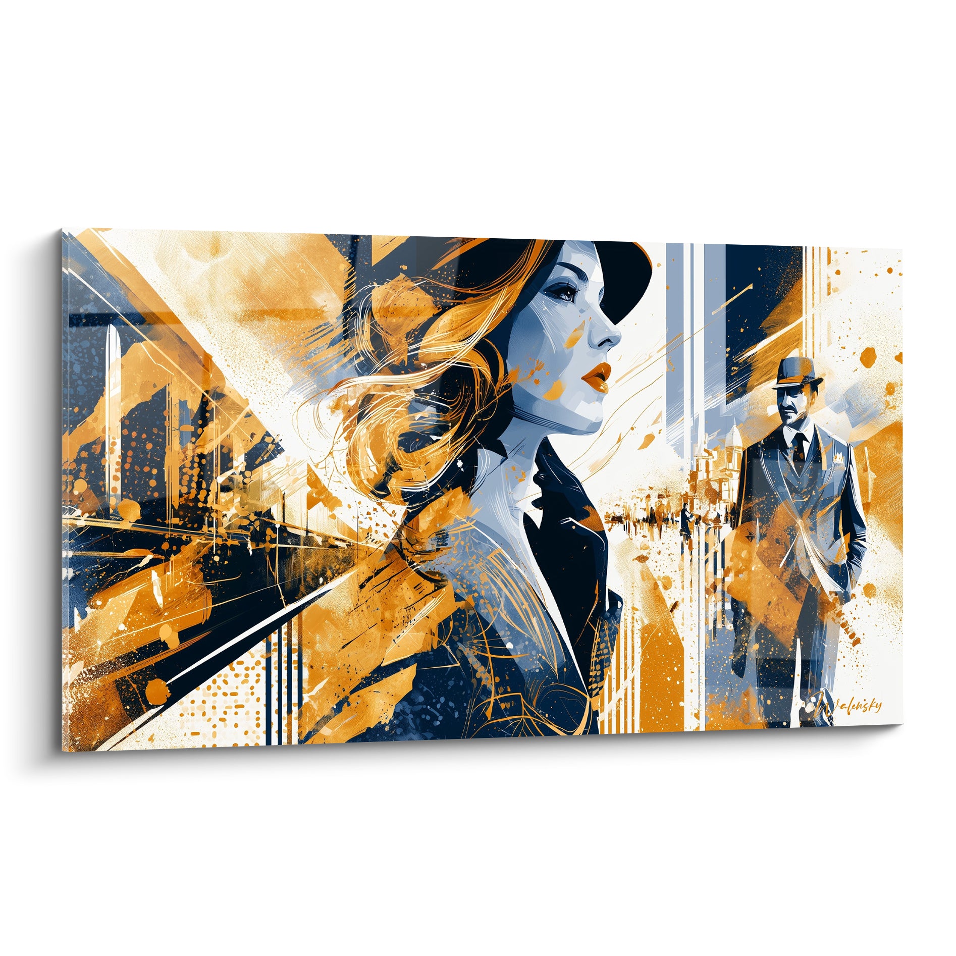 Femme au chapeau bleu marine et éclats ocre, portrait Rétro au style graphique expressif
