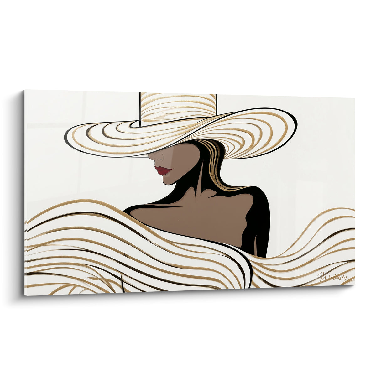 Silhouette féminine au chapeau doré et ivoire, lèvres rouges, style graphique rétro