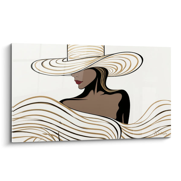 Tableau Femme au chapeau ivoire et doré - Silhouette voilée - Edition Rétro