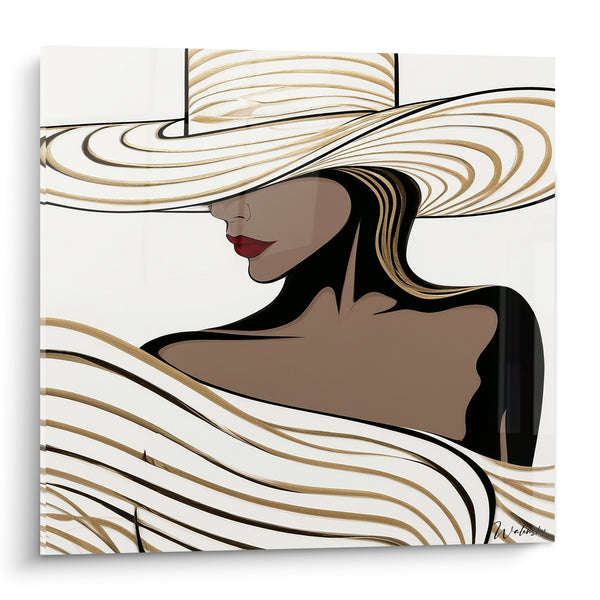 Tableau Femme au chapeau doré et ondulations blanches - Élégance ondulante - Edition Rétro