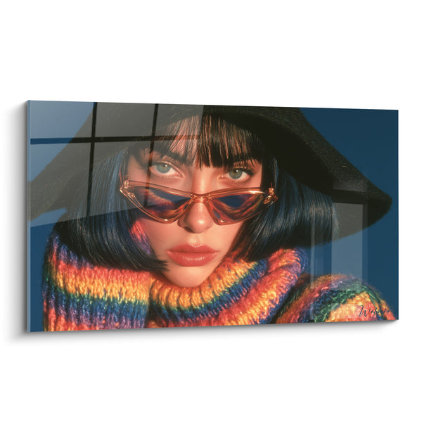 Tableau Portrait femme chapeau noir lunettes ambrées - Regard suspendu - Edition Rétro