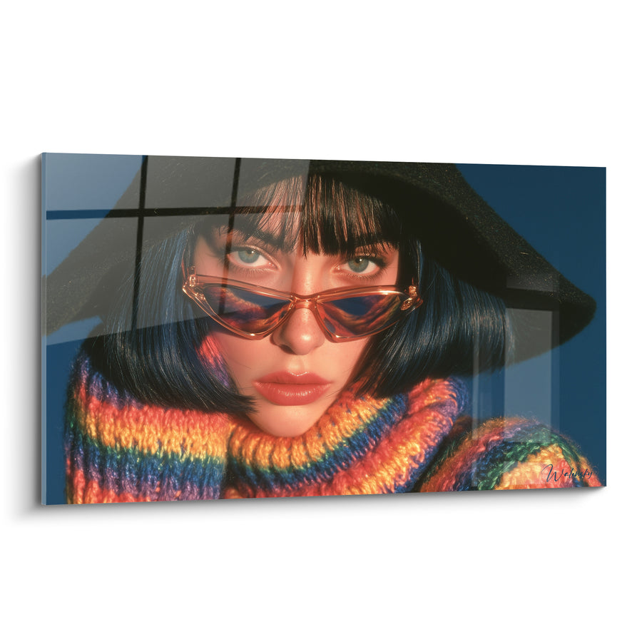 Cuadro Retrato Mujer Sombrero Negro Gafas Ámbar - Mirada Suspendida - Edición Retro