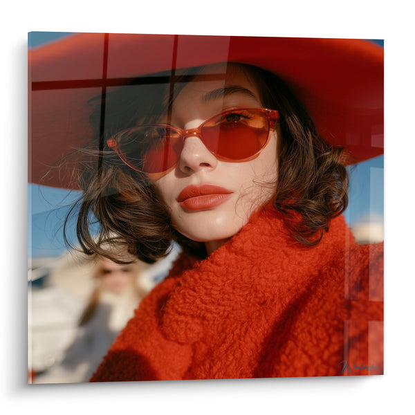 Tableau Femme au chapeau rouge et lunettes teintées - Élégance ensoleillée - Edition Rétro