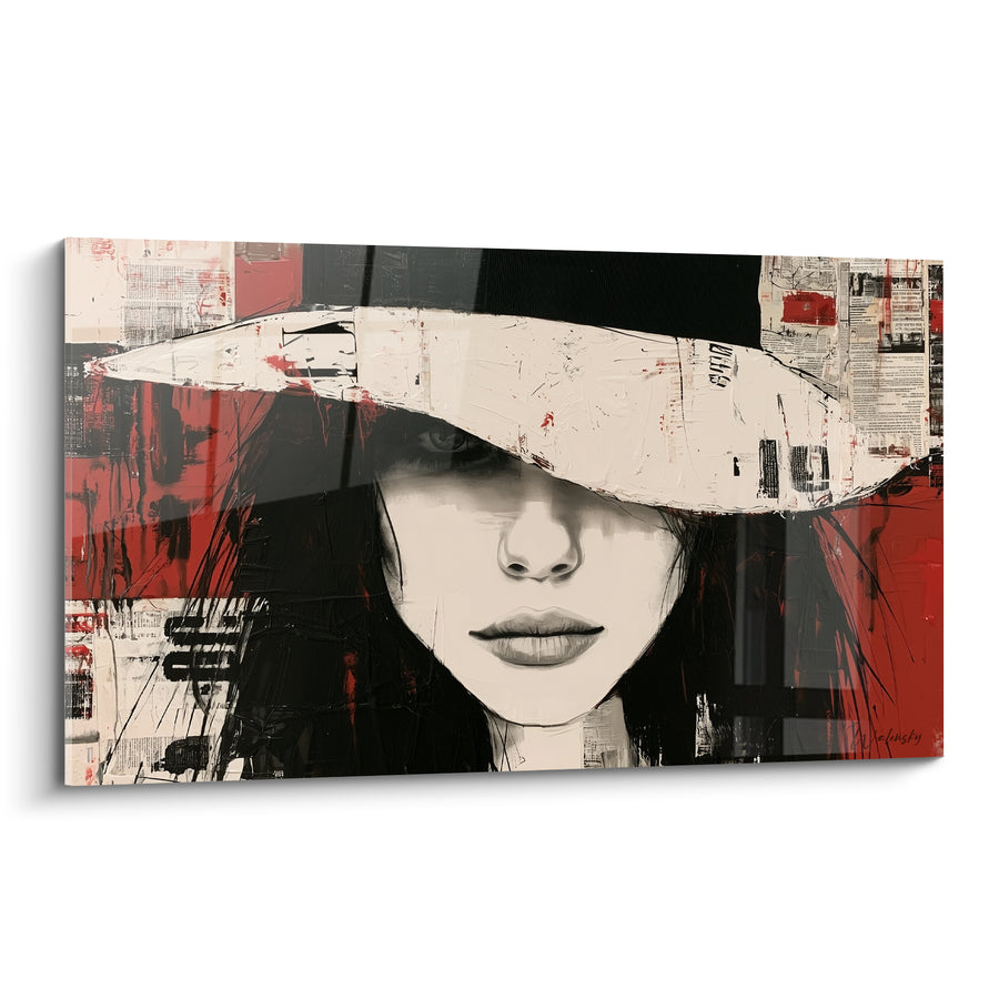Tableau Femme au large chapeau rouge et noir - Silhouette incognito - Edition Rétro