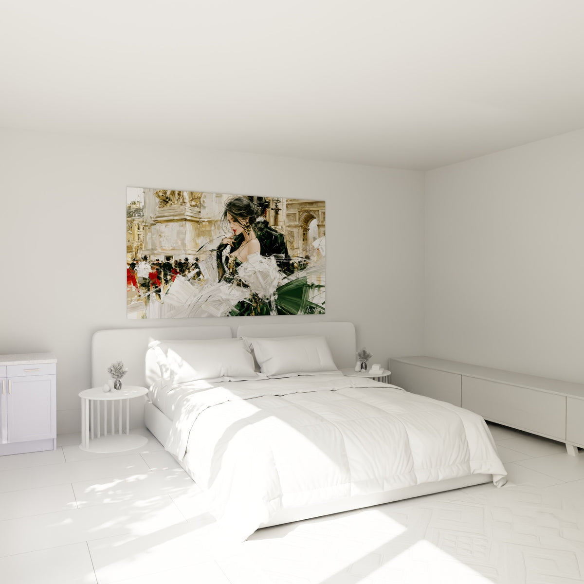 Silhouette élégante aux tons verts et dorés au-dessus d'un lit dans une chambre claire