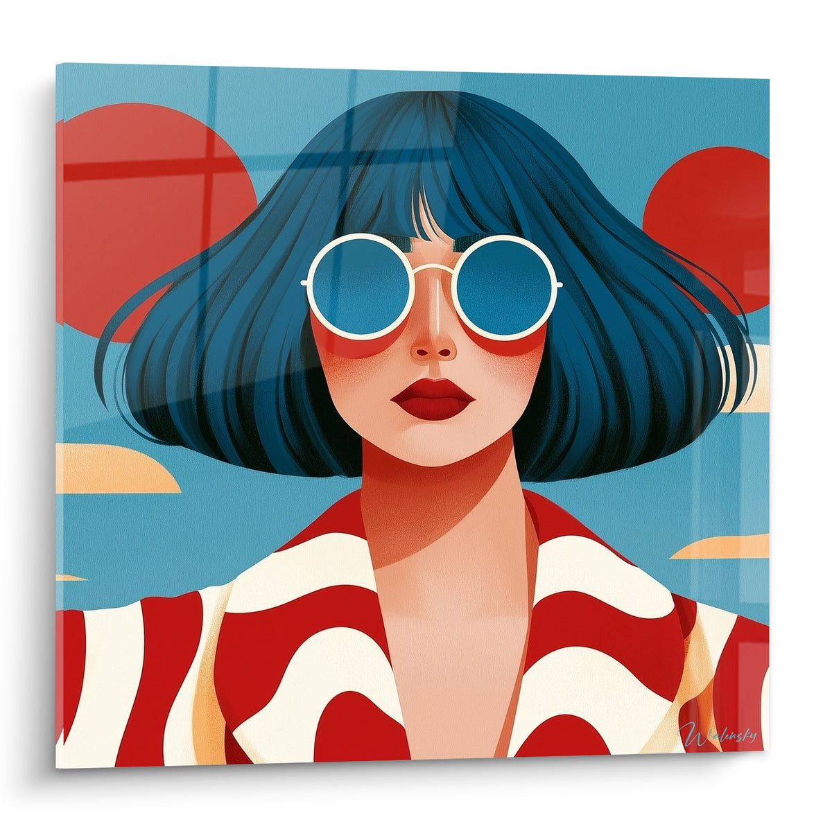 Femme aux lunettes rondes, chevelure bleu marine et robe rouge et blanche, portrait graphique Rétro
