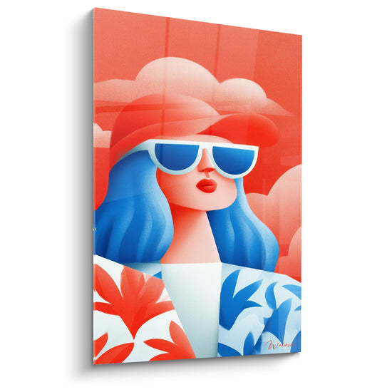 Tableau Femme aux lunettes bleues et fond corail - Éclat estival - Edition Rétro