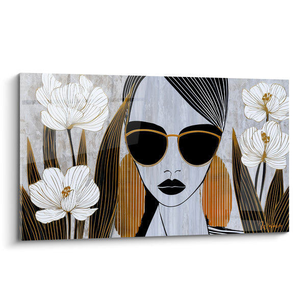 Tableau Femme aux lunettes noires et fleurs blanches - Élégance mystérieuse - Edition Rétro