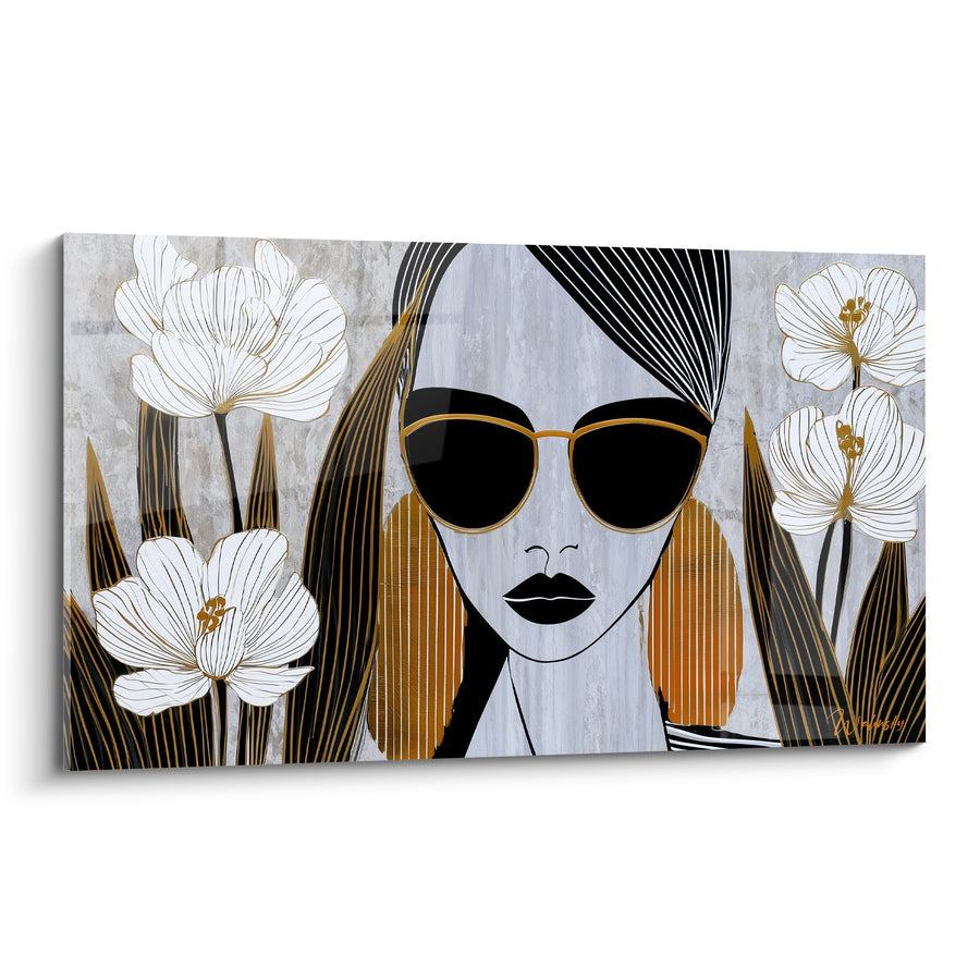 Tableau Femme aux lunettes noires et fleurs blanches - Élégance mystérieuse - Edition Rétro