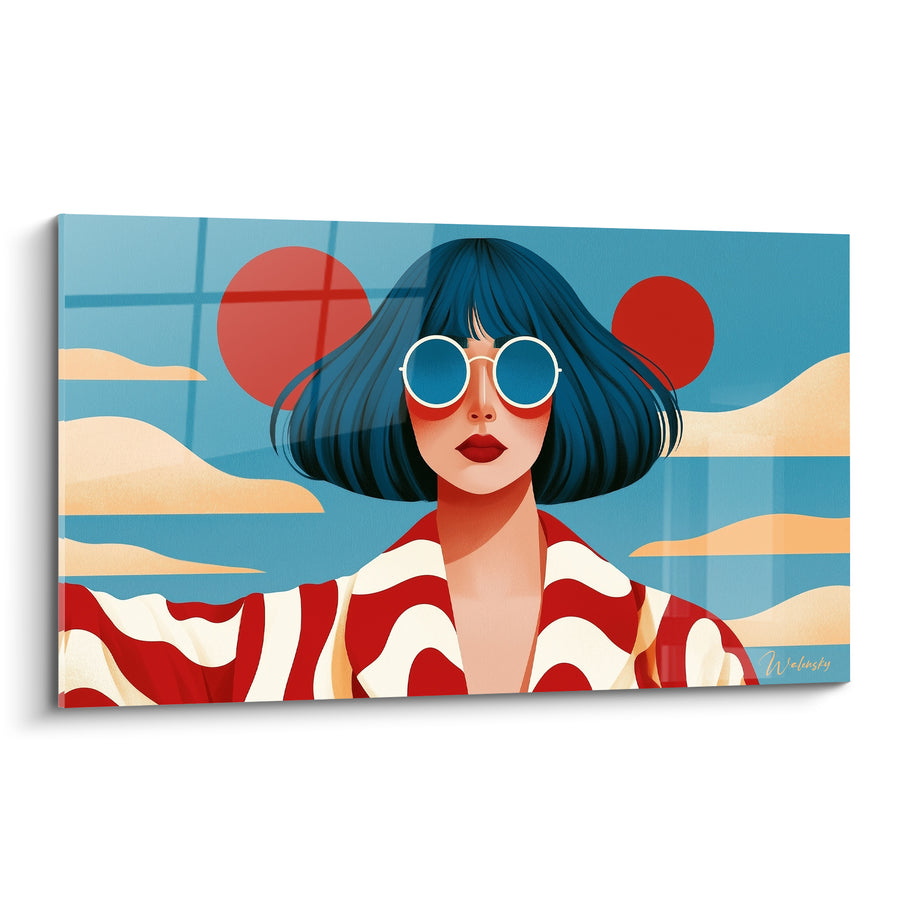 Tableau Femme aux lunettes rondes bleu et rouge - Allure solaire - Edition Rétro