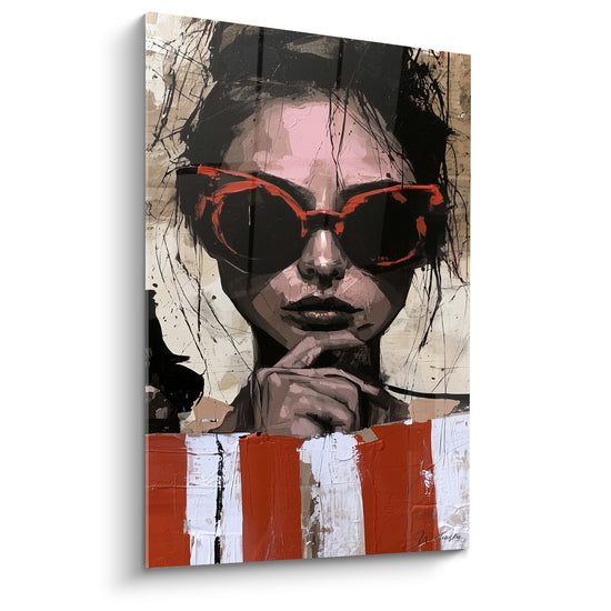 Tableau Femme lunettes orange rayures blanches et brunes - Main pensive au menton - Edition Rétro